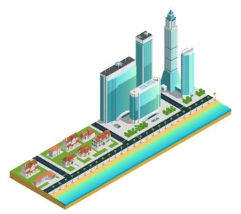 Isometric Skyscrapers And Suburban Houses Composition. Isometric composition with modern skyscrapers many-storeyed and suburban houses on sea coast vector illustration