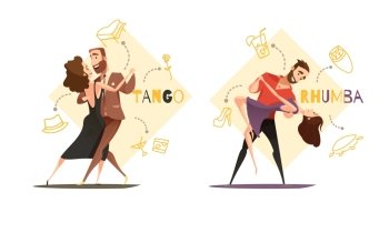 Dancing Pairs 2 Retro Cartoon Templates . Dancing tango and rhumba couples 2 retro cartoon templates with web style accessories icons isolated vector illustration 