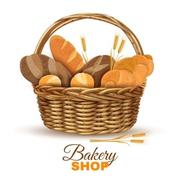 Bakery Basket With Bread Realistic Image. Bakery shop display traditional willow wicker basket with handle full with fresh bred realistic poster vector illustration 