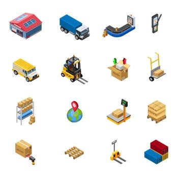 Warehouse Isometric Icons Set. Warehouse isometric icons set with delivery transport and related elements on white background isolated vector illustration