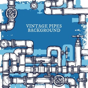 Sketch Pipes System Background. Vintage blue background with sketch pipes system doodle vector illustration