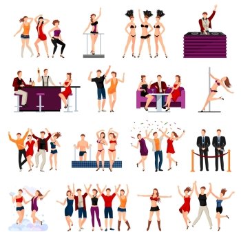 Dancing Club People Flat Icons Set. Dancing night club sexy girls strip show  and alcohol cocktails drinks flat icons collection isolated vector illustration 