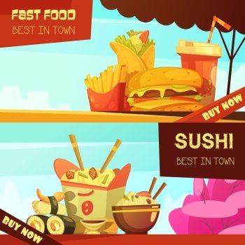 Fast Food Restaurant Advertisement Banners Set. Town best fast food restaurant 2 horizontal advertisement banners set with sushi retro cartoon isolated vector illustration