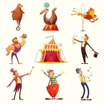 Circus Retro Icons Cartoon Set . Traveling chapiteau circus retro cartoon icons collection with tent and trained wild animals performance isolated vector illustration