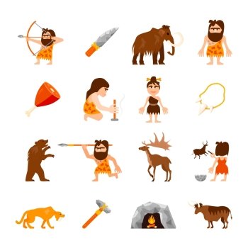 Stone Age Icons Set . Stone age icons set of caveman animals bonfire weapons meat and charm isolated vector illustration