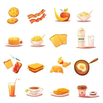 Classic Breakfast Elements Retro Icons Set . Classic breakfast icons collection with beacon fruits croissant milk and english tea abstract retro isolated vector illustration  