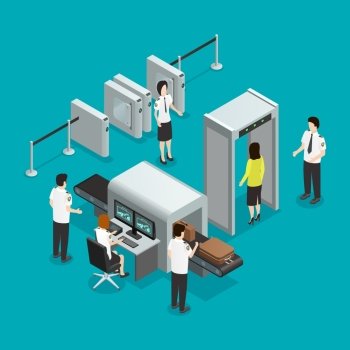  Airport Security Check Isometric Composition Poster . Airport safety security gates check isometric composition with hand baggage screening and passengers control  