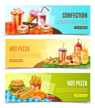  Fast Food Horizontal Banners Set . Hot pizza restaurant online order 3 flat horizontal banners with fast food menu information isolated vector illustration 