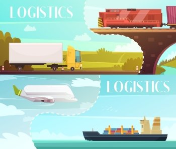  Logistics Banners Set. Logistics cartoon horizontal banners set with delivery symbols isolated vector illustration 