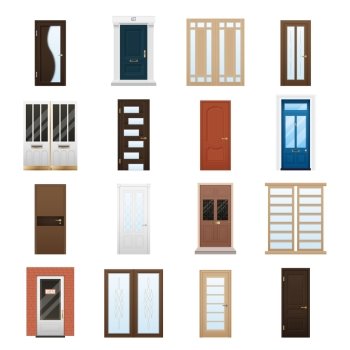 House Doors Set. Various colorful closed front double and single doors to houses and buildings isolated on white background flat vector illustration