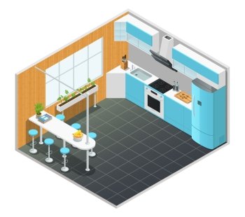 Kitchen Interior Isometric Illustration. Color isometric design of kitchen interior with tall table and appliances vector illustration