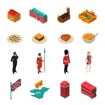 Great Britain Isometric Touristic Set. Colorful great britain isometric touristic set with british national cuisine architecture characters and symbols isolated on white background vector illustration