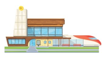 Modern Railway Station Flat Front View . Modern steel glass railway station building front view flat image with speed intercity train vector illustration 