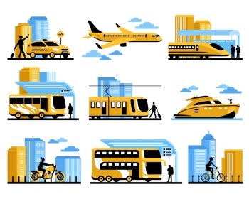 Traveling People Isolated Decorative Icons Set. Traveling people isolated decorative elements set with passengers and different kinds of aviation water and ground transportation vector illustration 