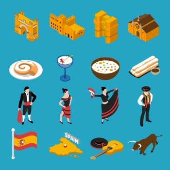 Spain Icons Set .  Touristic Spain isometric icons set on blue background isolated vector illustration 