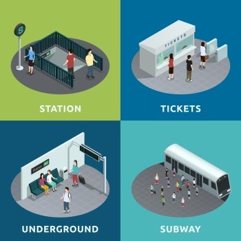 Subway Isometric Design. Color isometric design concept 2x2 depicting  roon of metro atation tickets underground subway vector illustration
