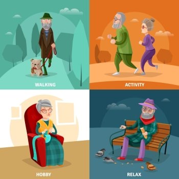 Old People Cartoon Concept . Old people cartoon concept with different activities and recreation at mature age vector illustration 