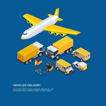 Transport Isometric Set. Different kinds of transport for delivery and shipping isometric set on blue background vector illustration