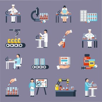 Pharmaceutical Production Icons Set . Pharmaceutical production icons set with research and science symbols flat isolated vector illustration 