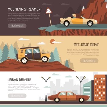 Set Of Horizontal Banners With Passenger Cars. Set of horizontal banners with passenger cars for off-road urban and mountain driving flat vector illustration
