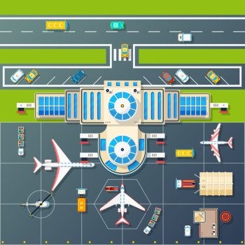 Airport Parking Top View Flat Image    . Airport building and parking airfield area for planes and helicopter with motorway top view abstract vector illustration 