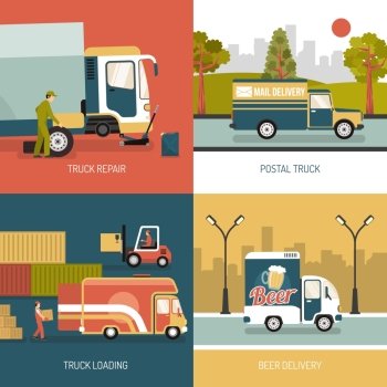 Delivery Trucks 2x2 Design Concept. Workers repairing and loading delivery and postal trucks flat isolated vector illustration
