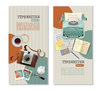 Journalist Typewriter Vertical Banners. Journalist typewriter camera and other tools for work vertical banners with text fields flat isolated vector illustration