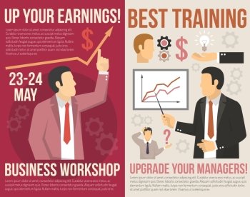 Business Training Consulting Flat Vertical Banners . Business training and consulting workshop for managers 2 flat vertical banners with graphics abstract isolated vector illustration 
