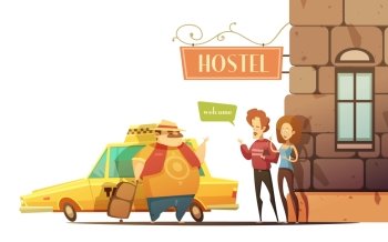 Hostel Design Concept  With Managers Welcoming Tourist. Hostel design concept in cartoon style with managers welcoming tourist coming out of car on corner of building flat vector illustration