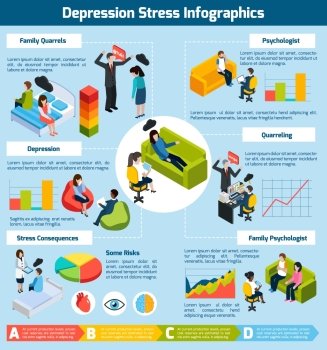 Depression Stress Isometric Infographics. Depression stress isometric infographics with mental problems treatment consulting and consequences vector illustration