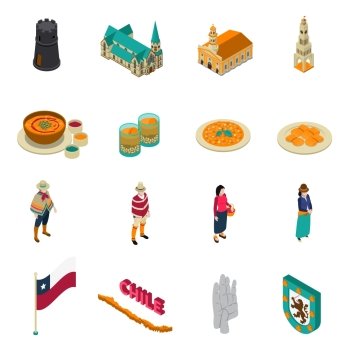 Chile Touristic Attractions Isometric Icons Set. Chile top tourist attractions isometric icons collection with national layered pie dish and churches isolated vector illustration  