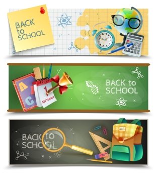 Back To School Horizontal Banners Set. Back to school 3 horizontal banners set with chalkboards textbooks and sport lessons accessories isolated vector illustration  