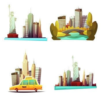 New York Downtown 2x2 Design Compositions. New york downtown 2x2 cartoon compositions with skylines statue of liberty yellow cab central park elements flat vector illustration   