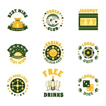 Casino Icons Badges Set. Casino colored badges stickers set with game roulette achievements victory award flat isolated vector illustration