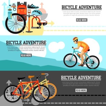 Biking Adventure Horizontal Banners. Biking adventure horizontal banners with bicycle set velocipede accessories and  traveling biker at mountain landscape compositions vector illustration 
