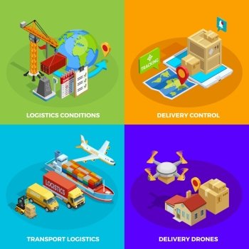 Logistic Isometric Concept. Logistic isometric concept with different stages and means of delivery and transportation processes isolated vector illustration