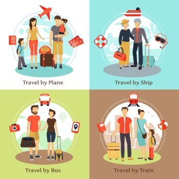 Travelers  Concept 4 Flat Icons Square . Travelers with baggage transportation concept 4 flat icons square with bus ship train poster abstract isolated vector illustration