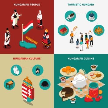 Hungary Isometric Touristic 2x2 Icons Set. Colorful hungary isometric touristic 2x2 icons set with hungarian culture cuisine and people in national costumes isolated vector illustration 