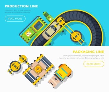 Production Line Horizontal Banners. Top view horizontal banners of production line with car assembly and packing line with gears boxing vector illustration