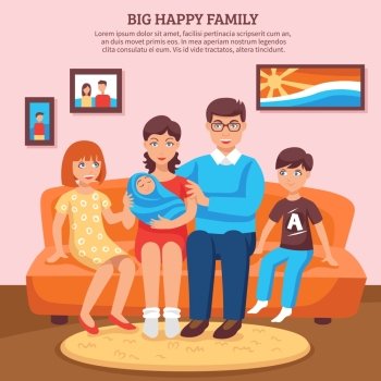  Happy Family Illustration. Big happy family with parents and children flat background vector illustration 