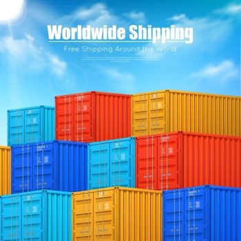 Poster Of Cargo Containers Shipping. Pyramid of different colors cargo containers on sky background worldwide shipping isometric poster vector illustration