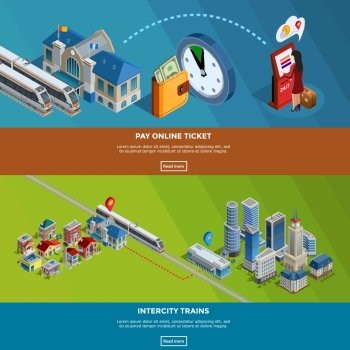 Railway Homepage  2 Isometric Banners Design. Railway internet page for online tickets purchase and intercity train journey planner 2 isometric banners design vector illustration 