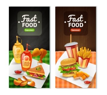 Fast Food 2 Vertical Banners Set. Fast food restaurant 2 colorful vertical banners with french fry sandwich chicken drums black background isolated vector illustration 