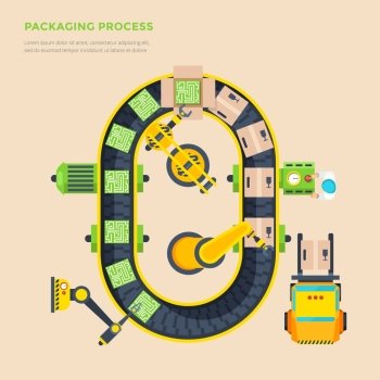 Packaging Line Top View Poster. Packaging line top view poster with automatic conveyor and micro scheme boxing process flat vector illustration