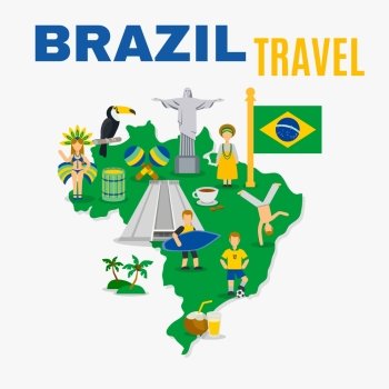 Brazil Culture Travel Agency Flat Poster. International travel agency love brazil poster with country map flag and symbols in national colors flat vector illustration