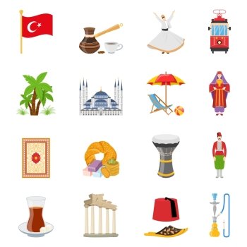 Turkey Flat Colored Icons Set . Turkey flat colored icons set with historical landmarks flag and elements of national culture and traditional clothes isolated vector illustration 