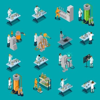 Scientist Icons Set . Scientist isometric icons set with experiment symbols on blue background isolate vector illustration 