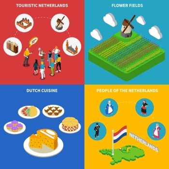 Netherlands Tourist Illustration. Color isometric composition 2x2 depicting touristic netherlands flower fields dutch cuisine people in national clothes vector illustration