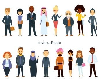Multi ethnic Team Business People Set. Multinational business professional characters with elements of ethnic clothes isolated vector illustration
