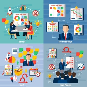 Scrum Agile 4 Flat Icons Square . Scrum agile iterative flexible software development framework for teamwork 4 flat icons square composition abstract vector illustration 